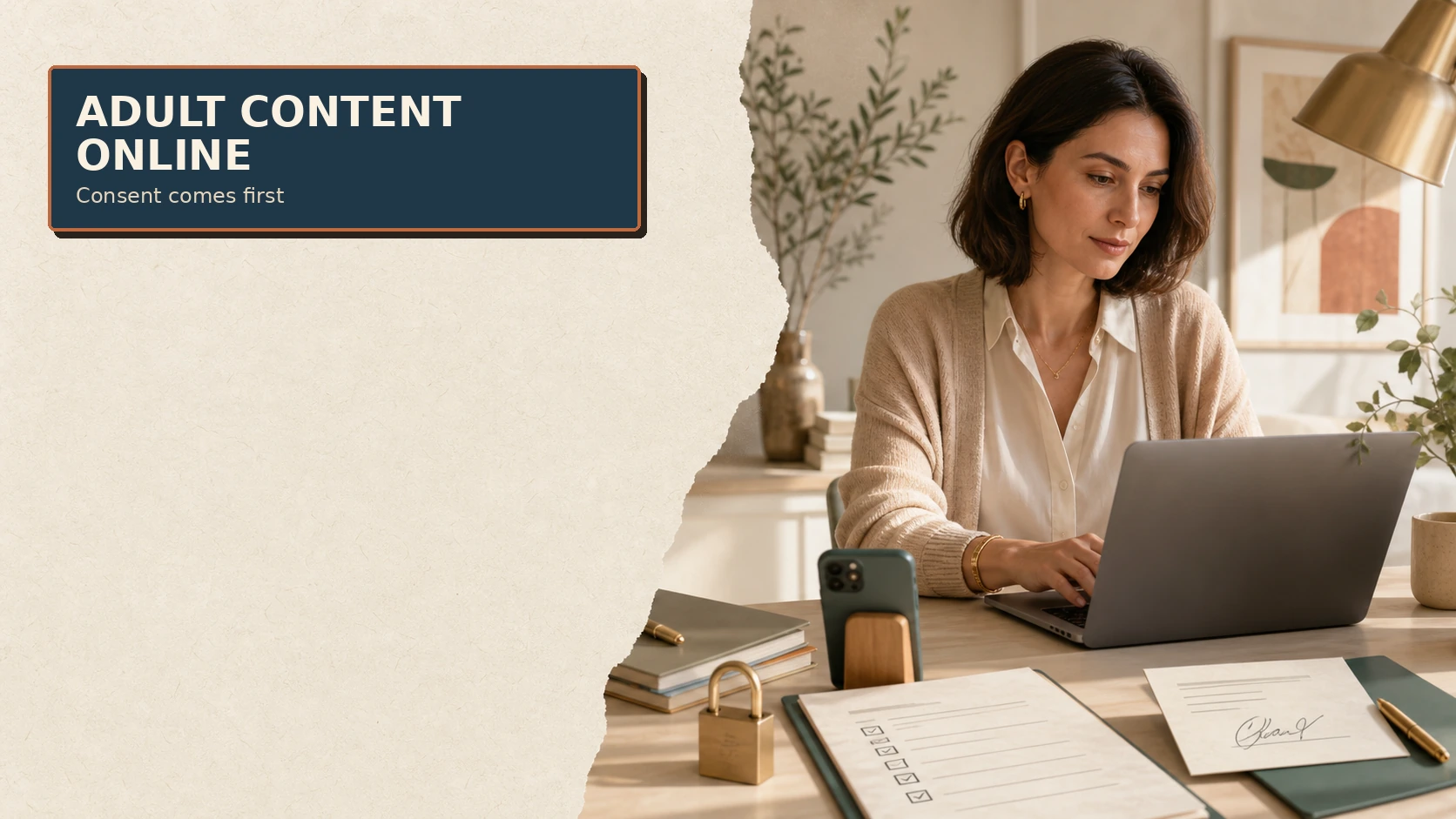 Adult creator working with a consent checklist and privacy controls