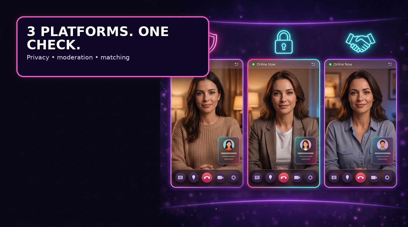 Three random video chat platform widgets compared for privacy and moderation