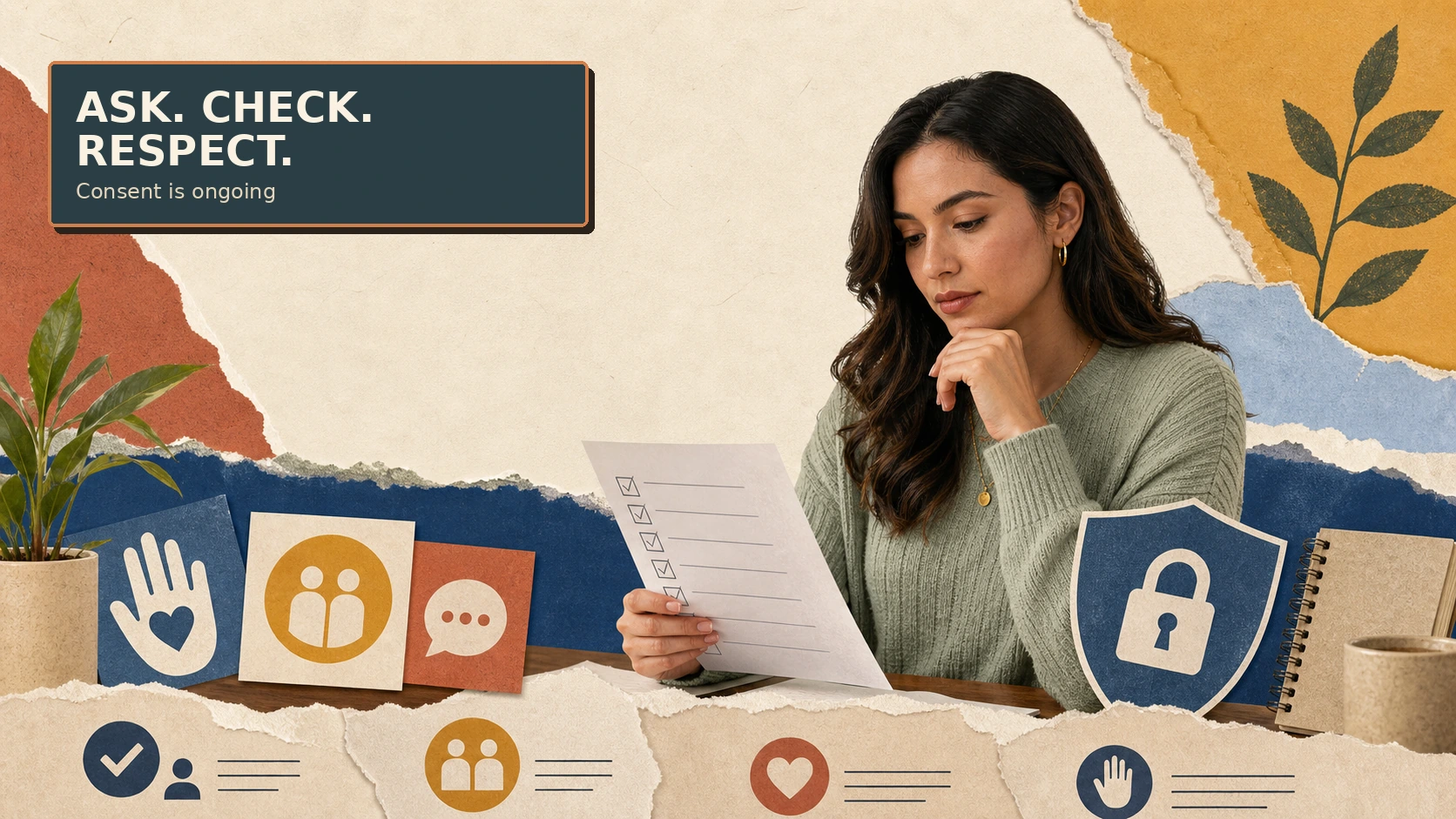 Adult creator reviewing a consent checklist and privacy boundaries