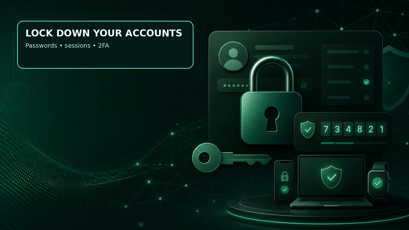 Account security controls with passwords, active sessions and two-factor authentication