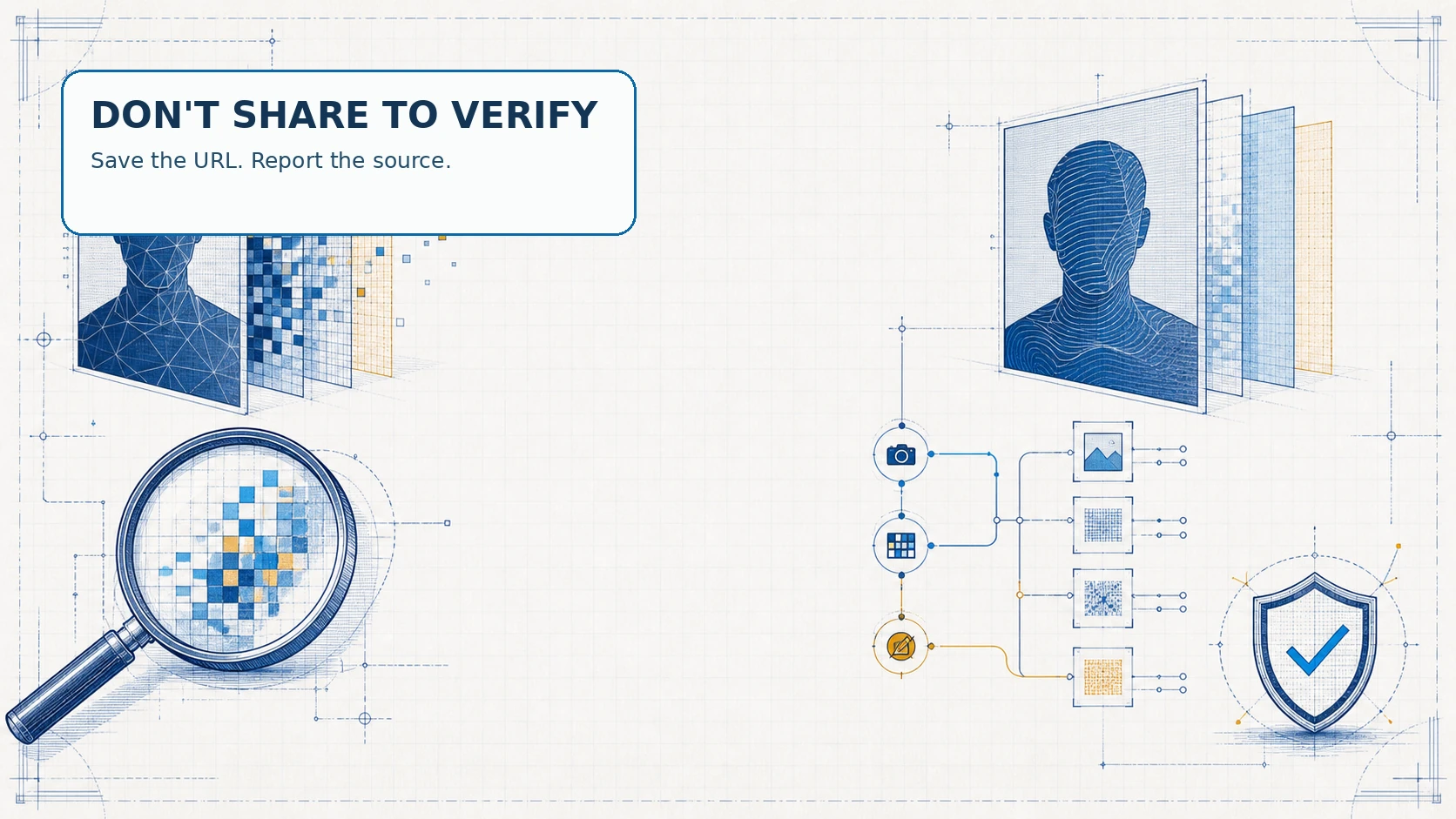 Blueprint illustration showing safe documentation and source reporting for manipulated media