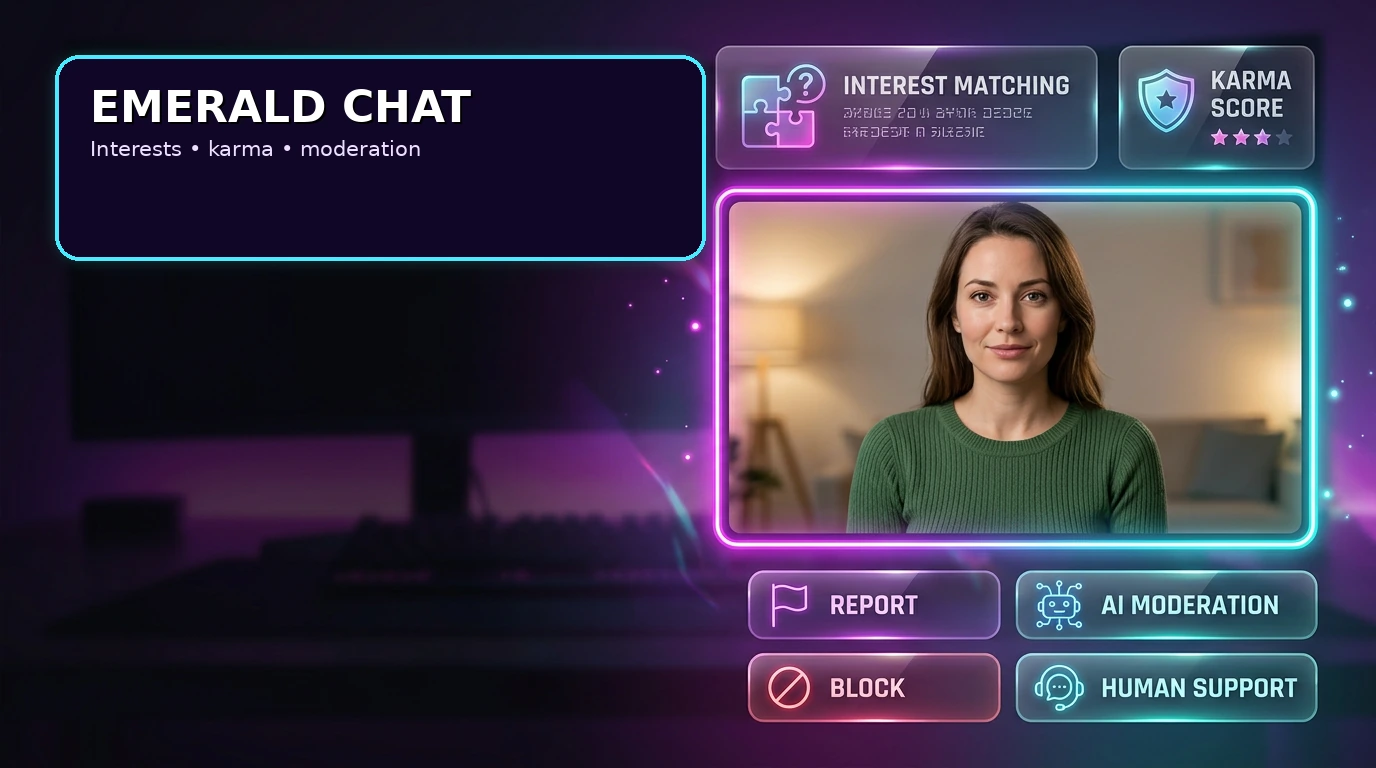 Emerald Chat-style interest matching, karma, reporting and moderation controls