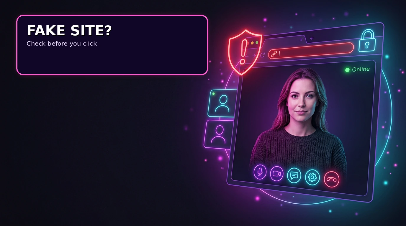 Suspicious video chat website with a warning shield and unsafe URL indicator