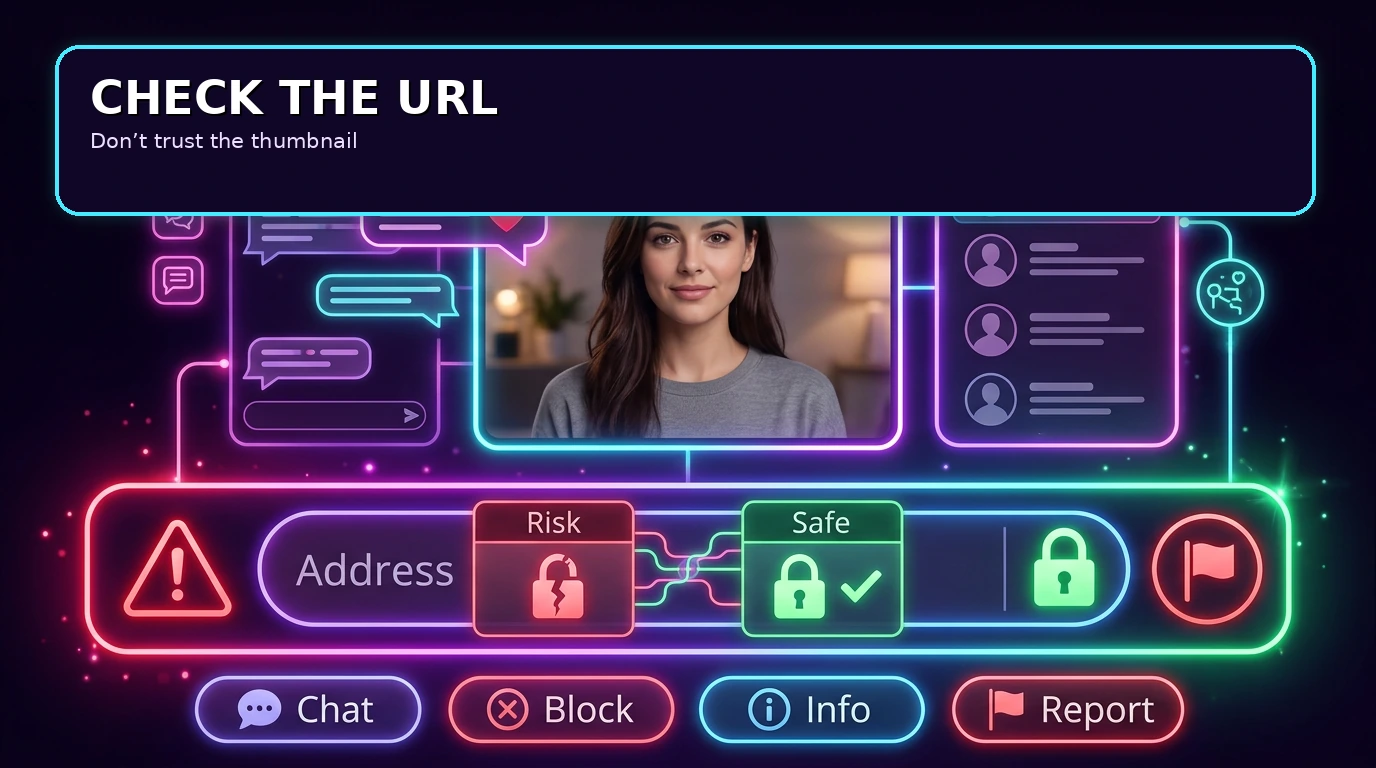 Checking a suspicious video chat website URL before clicking