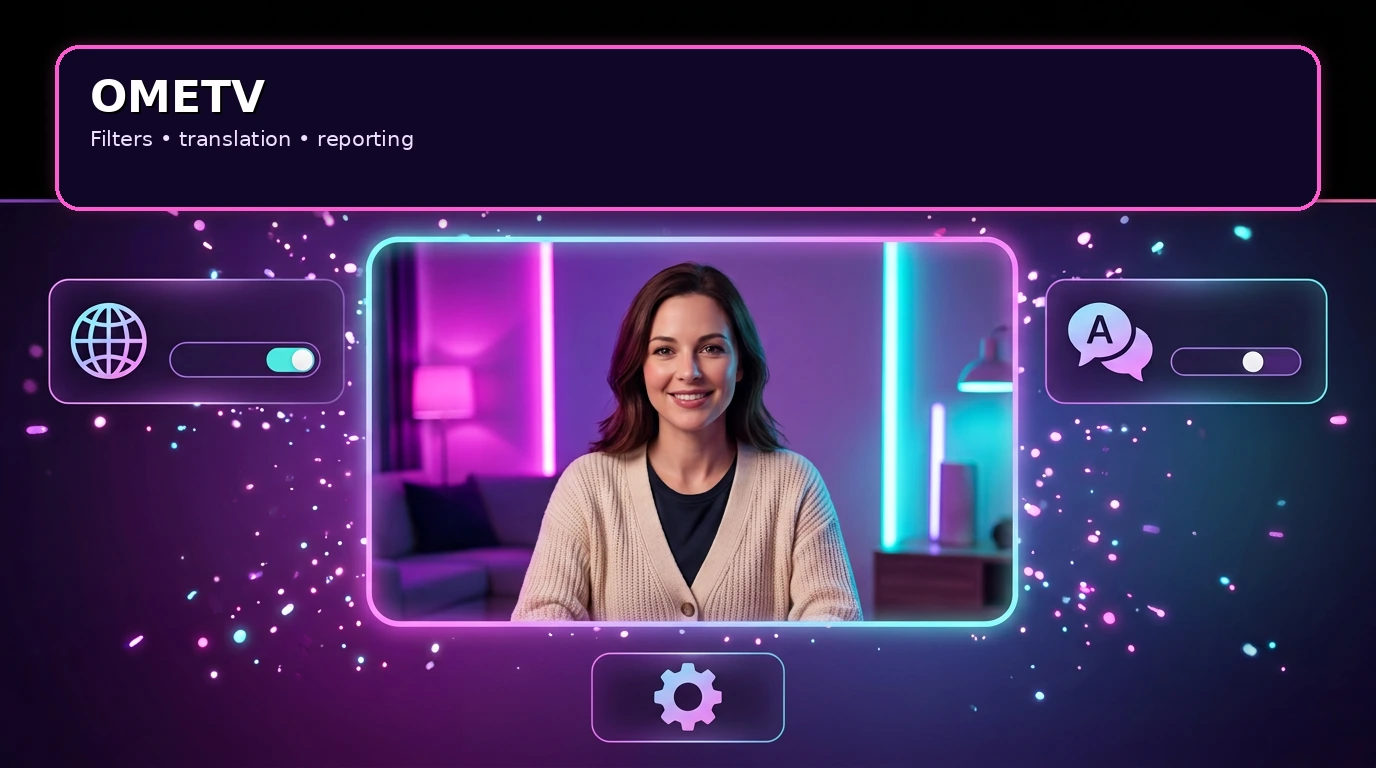 OmeTV-style language, translation and reporting controls in a video chat interface